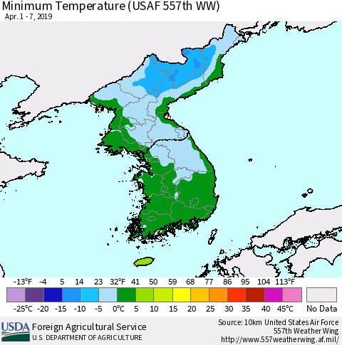 Korea Mean Minimum Temperature (USAF 557th WW) Thematic Map For 4/1/2019 - 4/7/2019