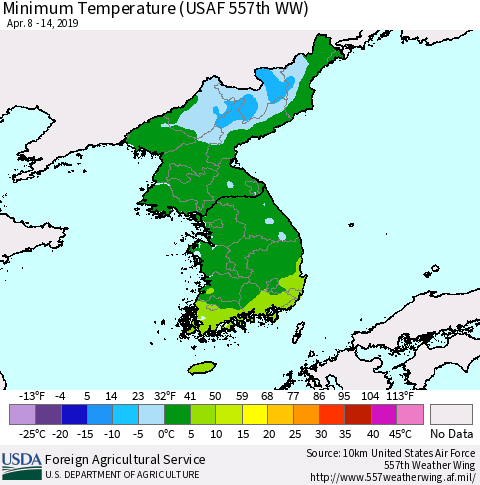 Korea Mean Minimum Temperature (USAF 557th WW) Thematic Map For 4/8/2019 - 4/14/2019