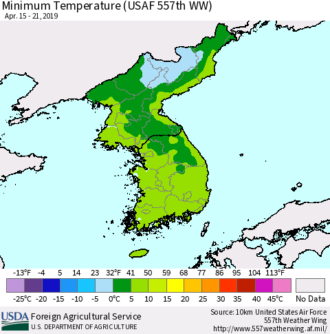 Korea Mean Minimum Temperature (USAF 557th WW) Thematic Map For 4/15/2019 - 4/21/2019