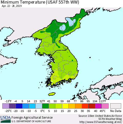 Korea Mean Minimum Temperature (USAF 557th WW) Thematic Map For 4/22/2019 - 4/28/2019