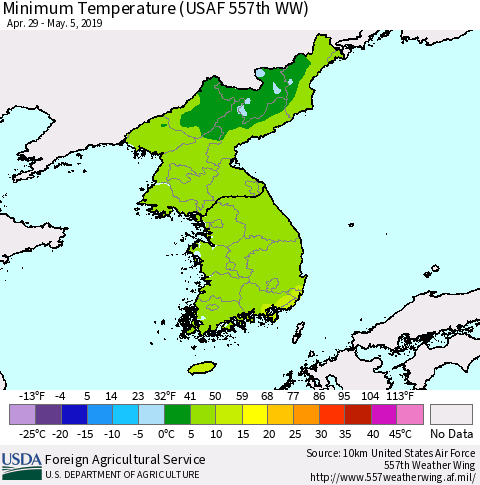 Korea Mean Minimum Temperature (USAF 557th WW) Thematic Map For 4/29/2019 - 5/5/2019