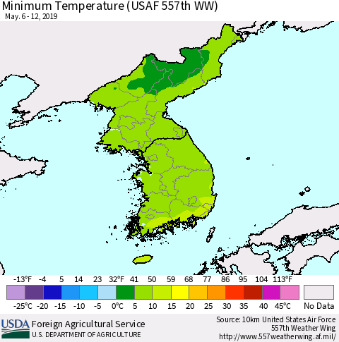 Korea Mean Minimum Temperature (USAF 557th WW) Thematic Map For 5/6/2019 - 5/12/2019