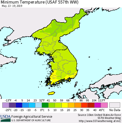 Korea Mean Minimum Temperature (USAF 557th WW) Thematic Map For 5/13/2019 - 5/19/2019