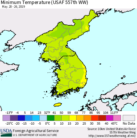 Korea Mean Minimum Temperature (USAF 557th WW) Thematic Map For 5/20/2019 - 5/26/2019