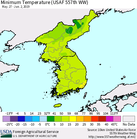Korea Mean Minimum Temperature (USAF 557th WW) Thematic Map For 5/27/2019 - 6/2/2019