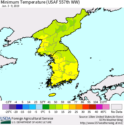 Korea Mean Minimum Temperature (USAF 557th WW) Thematic Map For 6/3/2019 - 6/9/2019