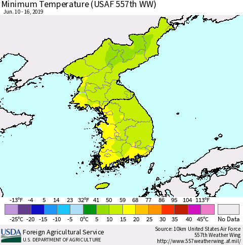 Korea Mean Minimum Temperature (USAF 557th WW) Thematic Map For 6/10/2019 - 6/16/2019