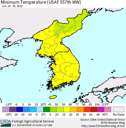 Korea Mean Minimum Temperature (USAF 557th WW) Thematic Map For 6/24/2019 - 6/30/2019