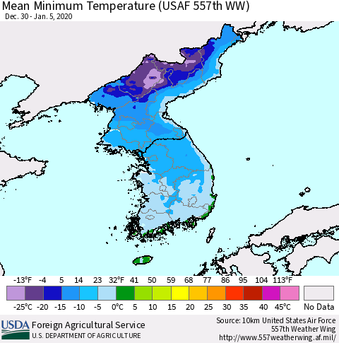 Korea Mean Minimum Temperature (USAF 557th WW) Thematic Map For 12/30/2019 - 1/5/2020