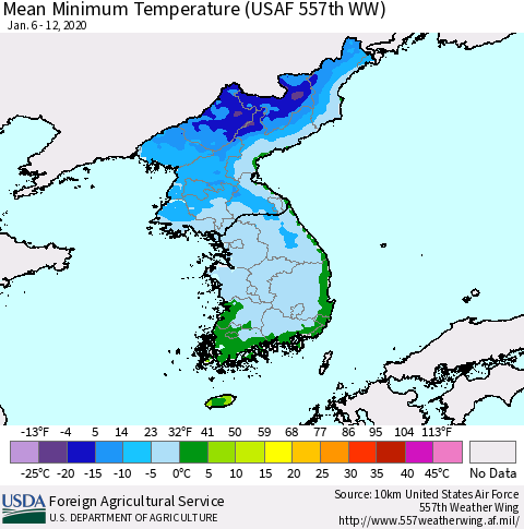 Korea Mean Minimum Temperature (USAF 557th WW) Thematic Map For 1/6/2020 - 1/12/2020