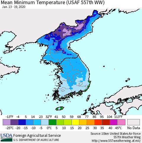 Korea Mean Minimum Temperature (USAF 557th WW) Thematic Map For 1/13/2020 - 1/19/2020