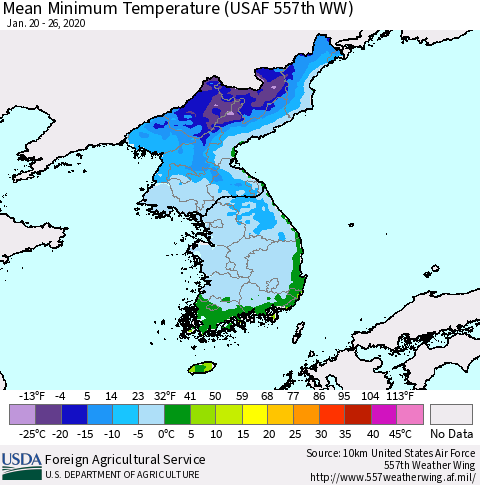 Korea Mean Minimum Temperature (USAF 557th WW) Thematic Map For 1/20/2020 - 1/26/2020