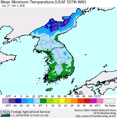 Korea Mean Minimum Temperature (USAF 557th WW) Thematic Map For 1/27/2020 - 2/2/2020