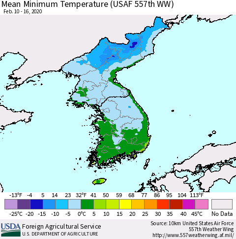 Korea Mean Minimum Temperature (USAF 557th WW) Thematic Map For 2/10/2020 - 2/16/2020