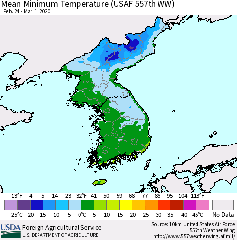 Korea Mean Minimum Temperature (USAF 557th WW) Thematic Map For 2/24/2020 - 3/1/2020
