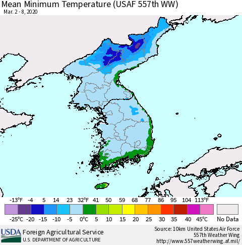 Korea Mean Minimum Temperature (USAF 557th WW) Thematic Map For 3/2/2020 - 3/8/2020