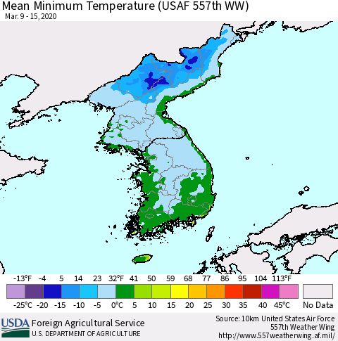Korea Mean Minimum Temperature (USAF 557th WW) Thematic Map For 3/9/2020 - 3/15/2020