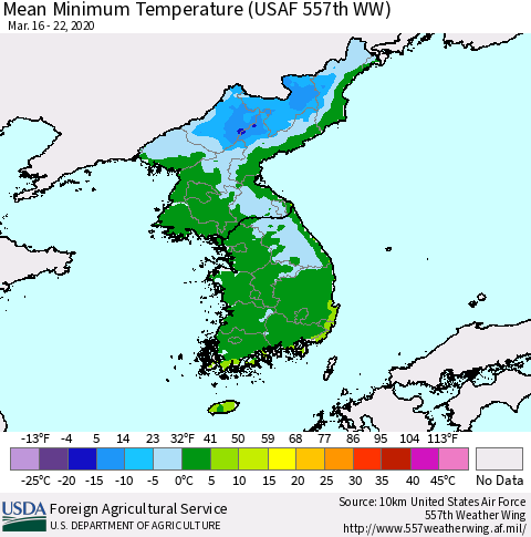 Korea Mean Minimum Temperature (USAF 557th WW) Thematic Map For 3/16/2020 - 3/22/2020