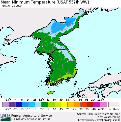 Korea Mean Minimum Temperature (USAF 557th WW) Thematic Map For 3/23/2020 - 3/29/2020