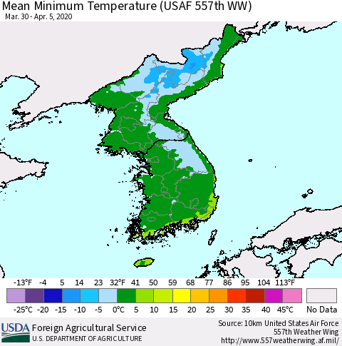 Korea Mean Minimum Temperature (USAF 557th WW) Thematic Map For 3/30/2020 - 4/5/2020