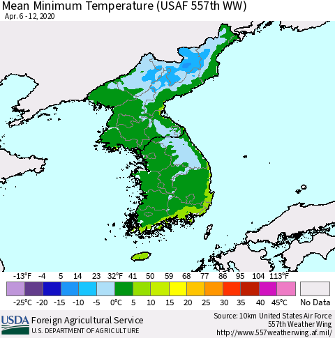 Korea Mean Minimum Temperature (USAF 557th WW) Thematic Map For 4/6/2020 - 4/12/2020