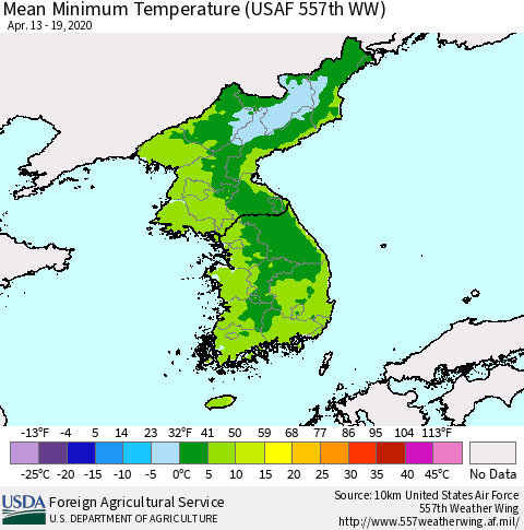 Korea Mean Minimum Temperature (USAF 557th WW) Thematic Map For 4/13/2020 - 4/19/2020