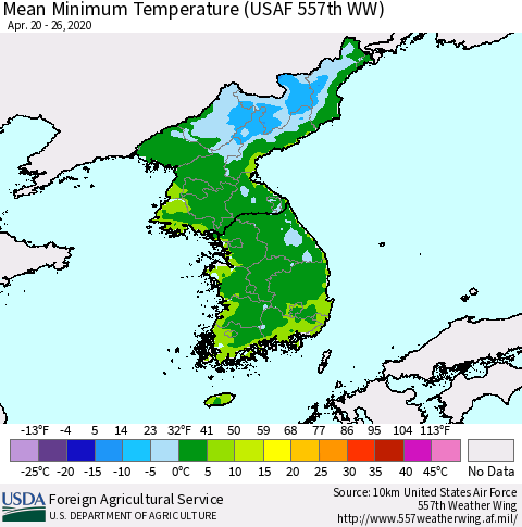 Korea Mean Minimum Temperature (USAF 557th WW) Thematic Map For 4/20/2020 - 4/26/2020