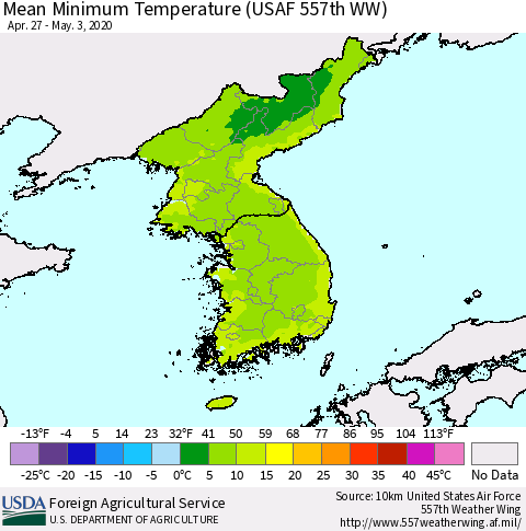 Korea Mean Minimum Temperature (USAF 557th WW) Thematic Map For 4/27/2020 - 5/3/2020