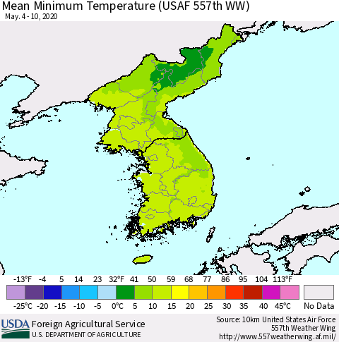 Korea Mean Minimum Temperature (USAF 557th WW) Thematic Map For 5/4/2020 - 5/10/2020