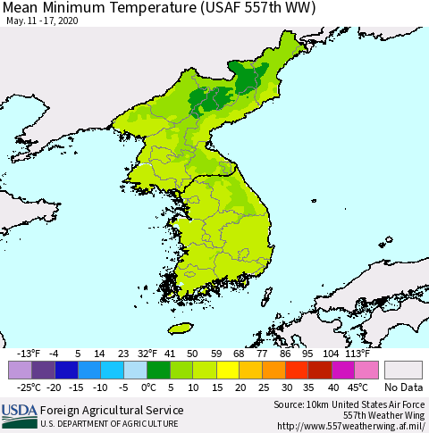 Korea Mean Minimum Temperature (USAF 557th WW) Thematic Map For 5/11/2020 - 5/17/2020