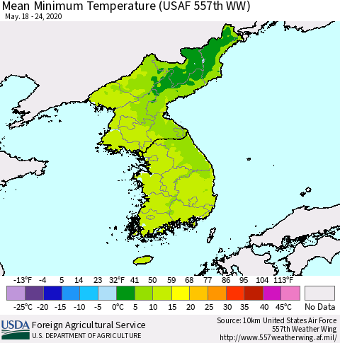Korea Mean Minimum Temperature (USAF 557th WW) Thematic Map For 5/18/2020 - 5/24/2020