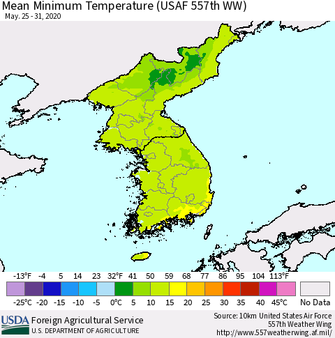 Korea Mean Minimum Temperature (USAF 557th WW) Thematic Map For 5/25/2020 - 5/31/2020