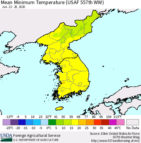 Korea Mean Minimum Temperature (USAF 557th WW) Thematic Map For 6/22/2020 - 6/28/2020