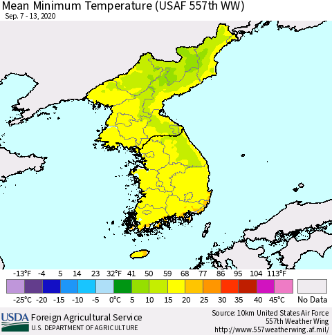 Korea Minimum Temperature (USAF 557th WW) Thematic Map For 9/7/2020 - 9/13/2020