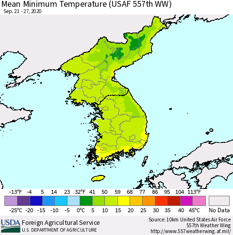 Korea Minimum Temperature (USAF 557th WW) Thematic Map For 9/21/2020 - 9/27/2020