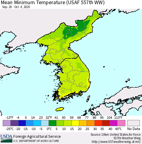Korea Minimum Temperature (USAF 557th WW) Thematic Map For 9/28/2020 - 10/4/2020