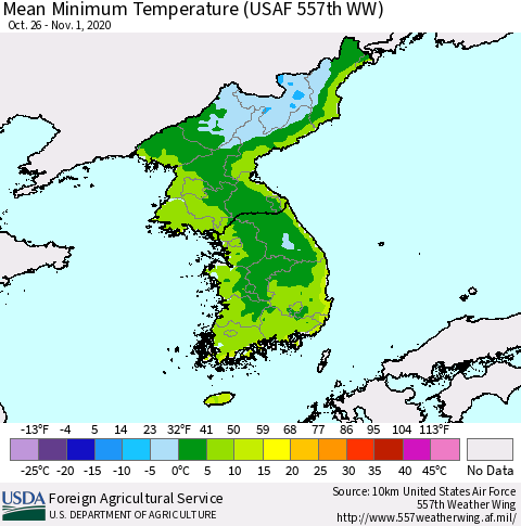 Korea Mean Minimum Temperature (USAF 557th WW) Thematic Map For 10/26/2020 - 11/1/2020