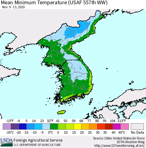 Korea Minimum Temperature (USAF 557th WW) Thematic Map For 11/9/2020 - 11/15/2020