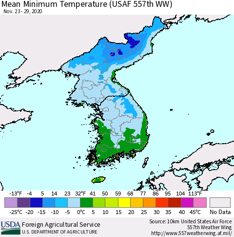 Korea Minimum Temperature (USAF 557th WW) Thematic Map For 11/23/2020 - 11/29/2020