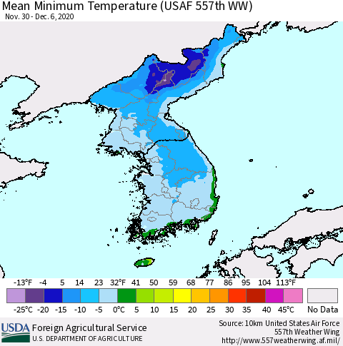 Korea Minimum Temperature (USAF 557th WW) Thematic Map For 11/30/2020 - 12/6/2020