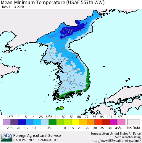 Korea Minimum Temperature (USAF 557th WW) Thematic Map For 12/7/2020 - 12/13/2020