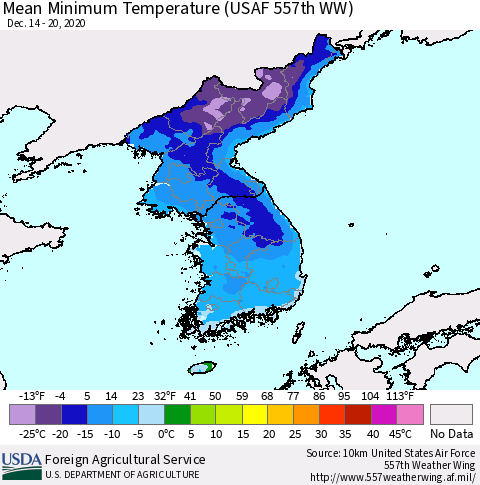 Korea Mean Minimum Temperature (USAF 557th WW) Thematic Map For 12/14/2020 - 12/20/2020