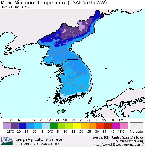 Korea Mean Minimum Temperature (USAF 557th WW) Thematic Map For 12/28/2020 - 1/3/2021