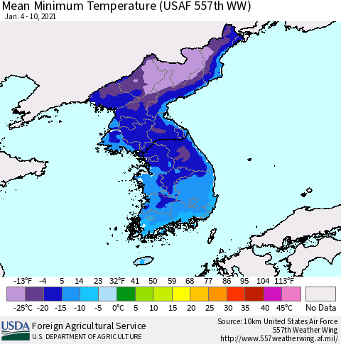 Korea Minimum Temperature (USAF 557th WW) Thematic Map For 1/4/2021 - 1/10/2021