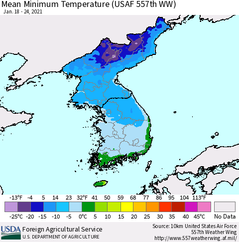 Korea Minimum Temperature (USAF 557th WW) Thematic Map For 1/18/2021 - 1/24/2021