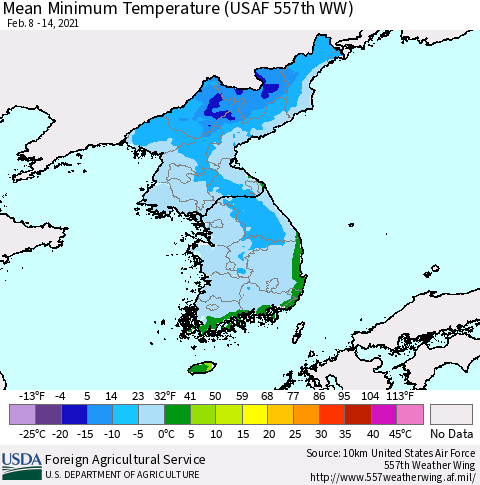 Korea Minimum Temperature (USAF 557th WW) Thematic Map For 2/8/2021 - 2/14/2021