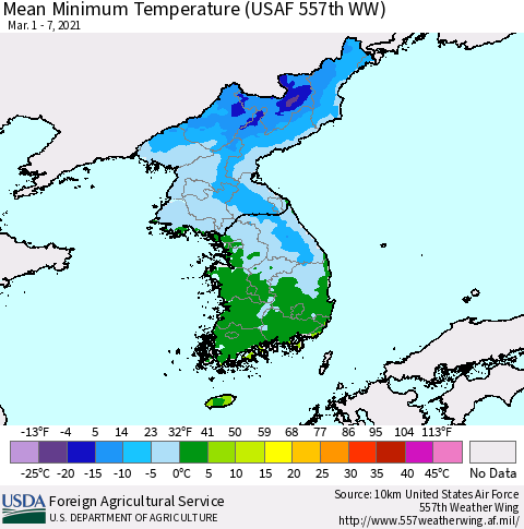 Korea Minimum Temperature (USAF 557th WW) Thematic Map For 3/1/2021 - 3/7/2021