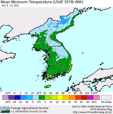 Korea Minimum Temperature (USAF 557th WW) Thematic Map For 3/8/2021 - 3/14/2021