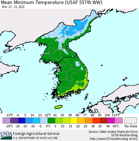 Korea Minimum Temperature (USAF 557th WW) Thematic Map For 3/15/2021 - 3/21/2021