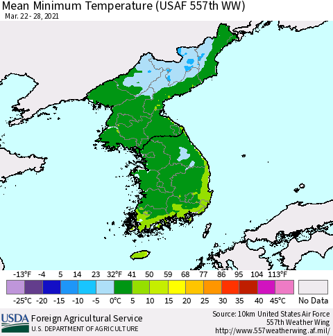 Korea Minimum Temperature (USAF 557th WW) Thematic Map For 3/22/2021 - 3/28/2021